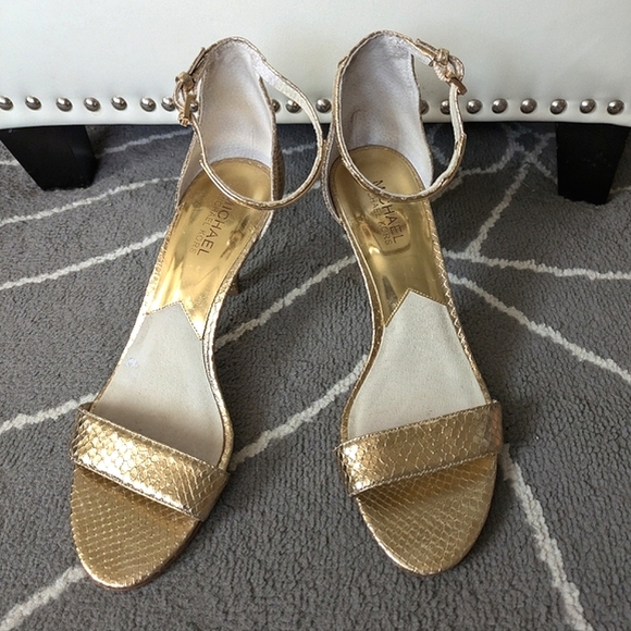 Michael Kors,Gold Snake Embossed Leather Heels with MK ankle emblem - Picture 7 of 16